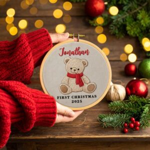 Custom Baby's First Christmas Embroidery Hoop Ornament, Name Hoop, Baby Embroidered Keepsake, Handmade Holiday Decor, Custom New Baby Gift