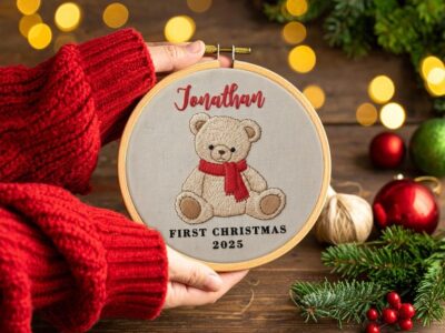 Custom Baby's First Christmas Embroidery Hoop Ornament, Name Hoop, Baby Embroidered Keepsake, Handmade Holiday Decor, Custom New Baby Gift