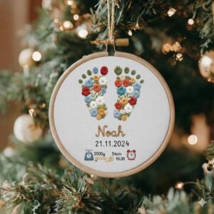 Personalized Baby Birth Stats Embroidery Hoop Ornament, New Baby Name Hoop, Baby Embroidered Keepsake, Newborn Christmas Gift, Baby Ornament