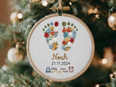 Personalized Baby Birth Stats Embroidery Hoop Ornament, New Baby Name Hoop, Baby Embroidered Keepsake, Newborn Christmas Gift, Baby Ornament